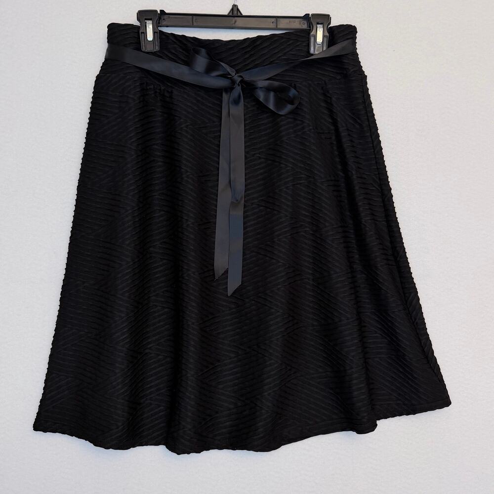 Joe B Womens XL Black Textured A Line Skirt Satin Ribbon Belt Stretch Fall